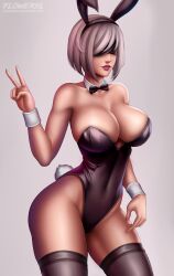 Rule 34 | 1girl, 2b (nier:automata), abstract background, absurdres, bow, bowtie, breasts, cleavage, feet, flowerxl, grey background, high heels, highres, large breasts, leotard, nier, nier:automata, nier (series), playboy bunny, pose imitation, purple lips, rabbit ears, simple background, solo, thick thighs, thighhighs, thighs, underboob, upper body, v