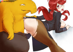 Rule 34 | 1girl, ass, black dress, breasts, breasts out, censored, clothes lift, creature, creatures (company), doggystyle, dress, dress lift, drooling, drowzee, game freak, gen 1 pokemon, glasses, hair over one eye, haraya manawari, hypno, interspecies, long hair, lorelei (pokemon), matching hair/eyes, medium breasts, nintendo, nipples, no panties, open clothes, open dress, pantyhose, pokemon, pokemon (creature), pokemon lgpe, pokephilia, red eyes, red hair, sex, sex from behind, simple background, spread legs, tagme, tongue, tongue out, torn clothes, torn legwear, vaginal, white background