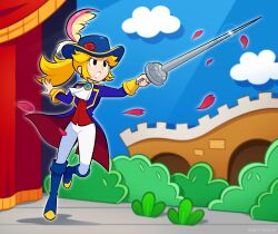 Rule 34 | 1girl, ascot, blonde hair, blue coat, blue footwear, blue hat, boots, bush, cavalier hat, coat, falling petals, flower, hat, hat feather, hat flower, highres, holding, holding sword, holding sword, holding weapon, knee boots, long hair, mario (series), nintendo, official alternate costume, official alternate hairstyle, pants, petals, ponytail, princess peach, princess peach: showtime!, rapier, red coat, red flower, red petals, red rose, red vest, rose, rose petals, solo, sword, swordfighter peach, two-sided coat, two-sided fabric, vest, vinny (dingitydingus), weapon, white ascot, white pants