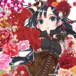 Rule 34 | 10s, 1girl, 2015, artist name, black hair, black nails, blue eyes, blush, bracelet, breasts, brooch, bug, butterfly, butterfly hair ornament, chrysanthemum, chrysanthemum print, company name, corset, dress, earrings, eyelashes, fingerless gloves, floral print, flower, flower request, gloves, hair flower, hair ornament, high collar, insect, jewelry, key, kikumon, koruri, laces, lips, long hair, long sleeves, looking at viewer, nail polish, original, parted lips, pink flower, pink rose, pocket watch, red dress, red flower, red rose, rose, solo, sparkle, tassel, watch, watermark, wristwatch, yellow flower, yellow rose