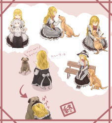 Rule 34 | 2girls, animal ears, bench, black headwear, black skirt, blonde hair, blouse, blue bow, bow, braid, center frills, closed eyes, closed mouth, commentary request, cookie (touhou), detached sleeves, dog, frilled hat, frilled skirt, frills, full body, haiperion buzan, hair between eyes, hair bow, hat, hat bow, highres, inu (cookie), inubashiri momiji, kirisame marisa, labrador retriever, long hair, long skirt, mars (cookie), multiple girls, multiple views, open mouth, pug, red eyes, red scarf, rei no himo, scarf, shirt, side braid, single braid, sitting, skirt, smile, tokin hat, touhou, translation request, white bow, white hair, white shirt, white sleeves, witch hat, wolf ears