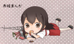 Rule 34 | 10s, 1girl, akagi (kancolle), arrow (projectile), bad id, bad pixiv id, brown eyes, brown hair, chibi, closed mouth, eating, japanese clothes, kantai collection, long hair, looking at viewer, mofumoffua, personification, solo