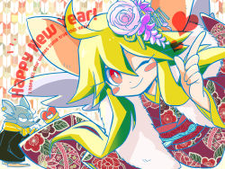 Rule 34 | 1girl, ahoge, animal ears, blush stickers, breasts, ear tag, flower, flower on head, green hair, heart (mad rat dead), japanese clothes, kimono, mad rat, mad rat dead, mouse (animal), mouse ears, mouse girl, new year, nippon ichi, rat god, red eyes, scarf, wings