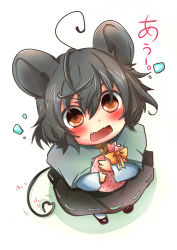 Rule 34 | 1girl, absurdres, ahoge, animal ears, asyuaffw, black hair, blush, bow, brown eyes, chibi, from above, gift, grey hair, heart, heart tail, highres, holding, looking at viewer, looking up, mouse ears, mouse tail, nazrin (touhou), open mouth, petite, short hair, sketch, solo, tail, team shanghai alice, touhou, translation request, wavy mouth