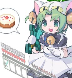 Rule 34 | 1girl, animal hat, apron, bell, black dress, boned meat, bow, bowtie, cake, cat hat, dejiko, di gi charat, dress, food, green eyes, green hair, hair bell, hair ornament, hat, heads-up display, heart, holding, holding sword, holding weapon, jingle bell, maid apron, meat, minecraft, minecraft sword, mittens, morizo (morizoshop), neck bell, open mouth, short hair, short sleeves, solo, speech bubble, sword, weapon, white background, white mittens