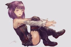 Rule 34 | 1girl, bare shoulders, black dress, black footwear, black thighhighs, boots, breasts, detached collar, dress, fate/grand order, fate (series), helena blavatsky (fate), highres, knee boots, knees up, kouzuki kei, long sleeves, looking at viewer, open mouth, purple eyes, purple hair, short dress, short hair, sitting, small breasts, smile, solo, thighhighs