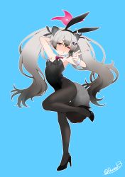 Rule 34 | 1girl, absurdres, blue archive, blue background, breasts, grey hair, highres, leotard, michiru (blue archive), one eye closed, pantyhose, playboy bunny, small breasts, solo, twintails, twitter username, yellow eyes