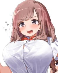 Rule 34 | 1girl, blush, bra visible through clothes, breasts, brown eyes, brown hair, button gap, buttons, collared shirt, commentary request, huge breasts, kaisen chuui, long hair, open mouth, original, school uniform, shirt, short sleeves, simple background, smile, smug, solo, swept bangs, translation request, v-shaped eyebrows, white background, white shirt