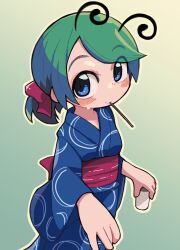 Rule 34 | 1girl, alternate costume, antennae, blue eyes, blue kimono, blush, bow, breasts, closed mouth, commentary request, cowboy shot, cup, gradient background, green background, green hair, hair bow, highres, holding, holding cup, japanese clothes, kimono, long sleeves, looking at viewer, low ponytail, medium bangs, mouth hold, obi, red bow, red sash, sash, short hair, short ponytail, small breasts, smile, solo, swept bangs, touhou, ugif, wriggle nightbug