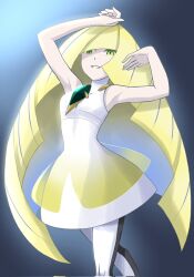 1girl armpits blonde_hair corrupted_twitter_file cowboy_shot creatures_(company) dress emapippi game_freak green_eyes highres long_hair looking_at_viewer lusamine_(pokemon) nintendo pokemon pokemon_sm simple_background sleeveless sleeveless_dress smile solo very_long_hair white_dress