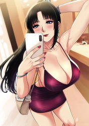 Rule 34 | 1girl, armpits, bag, black eyes, black hair, breasts, cellphone, cleavage, collarbone, commentary, dress, earrings, female focus, highres, holding, holding phone, huge breasts, indoors, jewelry, long hair, looking at phone, mature female, mature female, mole, mole under mouth, nail polish, nush (xter), original, phone, ponytail, purple dress, red lips, shoulder bag, signature, sleeveless, smartphone, solo, standing, xter