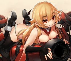 Rule 34 | 1girl, ashikaga chachamaru, ass, bare arms, blonde hair, boots, breasts, butt crack, cleavage, downpants, elbow gloves, fingerless gloves, gloves, grin, jpeg artifacts, long hair, panties, panty pull, pointy ears, red eyes, smile, solo, soukou akki muramasa, tef, thick eyebrows, thighhighs, underwear