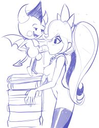 Rule 34 | 1boy, 1girl, ashley (warioware), big hair, bigdead, black thighhighs, book, book stack, breasts, cowboy shot, demon, demon horns, demon tail, demon wings, eyebrows, fang, fellatio, from side, hairband, hand on own hip, hetero, highres, horns, interspecies, long hair, monochrome, nintendo, nipples, nude, open mouth, oral, penis, profile, red (warioware), saliva, sidelocks, simple background, size difference, sketch, small breasts, small nipples, smile, standing, sweatdrop, swept bangs, tail, testicles, thighhighs, tiptoes, twintails, very long hair, warioware, white background, wings, witch