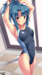 Rule 34 | 1girl, alice gear aegis, arms behind head, artist name, black one-piece swimsuit, blue hair, breasts, collarbone, commentary request, competition swimsuit, cowboy shot, dated, high ponytail, highres, long hair, looking at viewer, one-piece swimsuit, ponytail, purple eyes, small breasts, solo, swimsuit, takanashi rei, tsuchimiya