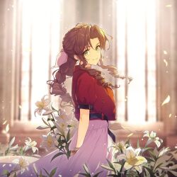 Rule 34 | 1girl, aerith gainsborough, arm behind back, bangle, bouquet, bracelet, braid, braided ponytail, brown hair, church, closed mouth, cropped jacket, dress, falling petals, final fantasy, final fantasy vii, final fantasy vii rebirth, final fantasy vii remake, flower, green eyes, hair ribbon, highres, holding, holding bouquet, holding flower, indoors, jacket, jewelry, lily (flower), long dress, long hair, looking at viewer, parted bangs, petals, pink dress, pink ribbon, puffy short sleeves, puffy sleeves, red jacket, ribbon, sam ashton, short sleeves, sidelocks, single braid, smile, solo, sunlight, wavy hair, white flower, window, yellow flower