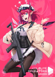 Rule 34 | 1girl, 2023, artist logo, artist name, assault rifle, beret, black bow, black choker, black horns, black pantyhose, bloom (irys), blue eyes, bob cut, boots, bow, bracelet, braid, brown cardigan, brown footwear, cardigan, choker, cross-shaped pupils, crystal wings, dated, detached wings, double halo, dress, earrings, english text, fake wings, flower earrings, folding stock, galil ace, gloom (irys), gold bracelet, gold necklace, gun, halo, hat, hat bow, heterochromia, highres, hiroki ree, hololive, hololive english, horns, irys (casualrys) (hololive), irys (hololive), jacket, jewelry, lace-trimmed choker, lace trim, long sleeves, looking at viewer, mismatched earrings, multicolored hair, necklace, off shoulder, official alternate costume, official alternate hairstyle, open cardigan, open clothes, open mouth, pantyhose, pink background, pink eyes, pink nails, pointy ears, puffy long sleeves, puffy sleeves, purple hair, red hair, red nails, rifle, scope, shirt, short dress, short hair, side braid, smile, solo, sparkle, sparkle print, star halo, streaked hair, suppressor, symbol-shaped pupils, teeth, thighband pantyhose, thighs, trigger discipline, virtual youtuber, watch, waving, weapon, white dress, white hat, white shirt, wings, wristwatch, yellow jacket