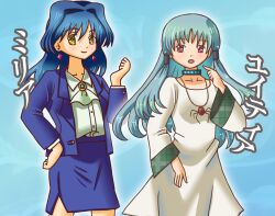 Rule 34 | 2girls, ascot, blue hair, blue jacket, blue skirt, character name, choker, commentary request, dress, earrings, height difference, jacket, jewelry, light blue hair, milia (seihou), multiple girls, necklace, open mouth, red eyes, seihou, skirt, smile, white dress, yellow eyes, yuitia (seihou)