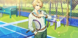 Rule 34 | 1boy, afterl!fe, blonde hair, facing away, fingernails, green eyes, long sleeves, looking at viewer, louis (afterl!fe), male focus, official art, playing sports, racket, second-party source, short hair, smile, solo, sweater, teeth, tennis court, tennis racket