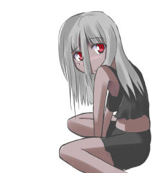 Rule 34 | 1girl, hair between eyes, kneeling, left 4 dead, looking back, red eyes, silver hair, solo, tears, torn clothes, witch (left4dead)