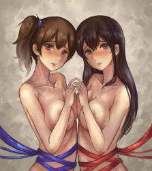 Rule 34 | 10s, 2girls, absurdres, akagi (kancolle), breast press, breasts, brown eyes, brown hair, highres, kaga (kancolle), kantai collection, large breasts, long hair, looking at viewer, multiple girls, nude, ribbon, short hair, side ponytail, symmetrical docking, winghost