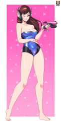 Rule 34 | 1girl, ;), absurdres, adapted costume, animal print, artist name, bare arms, bare legs, bare shoulders, barefoot, blue leotard, border, breasts, brown eyes, brown hair, charm (object), cleavage, closed mouth, collarbone, covered navel, d.va (overwatch), eyelashes, facial mark, female focus, finger on trigger, fingernails, full body, gun, hand up, handgun, headphones, highres, holding, holding gun, holding weapon, index finger raised, kyoffie, legs, legs apart, leotard, lips, lipstick, long fingernails, long hair, makeup, medium breasts, neck, one eye closed, outline, overwatch, overwatch 1, pink background, pink lips, rabbit print, shiny clothes, skin tight, smile, solo, standing, strapless, strapless leotard, toenails, toes, weapon, whisker markings, white border, wink
