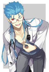 Rule 34 | 1boy, black pants, blue hair, cu chulainn (fate), cu chulainn (caster) (fate), doctor, earrings, fate/grand order, fate (series), glasses, jewelry, lab coat, cu chulainn (fate/stay night), long hair, looking at viewer, pectoral cleavage, male focus, natsuko (bluecandy), open mouth, pants, pectorals, red eyes, self exposure, simple background, smile, solo, stethoscope