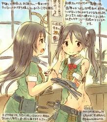 Rule 34 | 10s, 2girls, android, belt, broken, broken arm, brown eyes, brown hair, chikuma (kancolle), commentary request, dated, green jacket, injury, jacket, kantai collection, kirisawa juuzou, long hair, machinery, multiple girls, numbered, open mouth, tone (kancolle), torn clothes, traditional media, translation request, twintails, twitter username, window