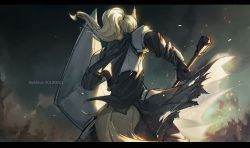 Rule 34 | 1girl, animal ears, arknights, armor, artist name, blonde hair, cowboy shot, dated, from behind, gloves, holding, horse ears, horse girl, large tail, long hair, long sleeves, mavis fuji, nearl (arknights), outdoors, painting (medium), ponytail, shield, solo, sparks, tail, traditional media, war hammer, watercolor (medium), weapon