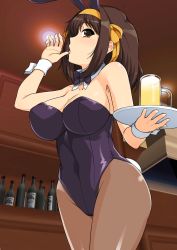 Rule 34 | 1girl, alcohol, animal ears, armpit peek, bare shoulders, beer, beer mug, black bow, black bowtie, black leotard, bottle, bow, bowtie, breasts, brown eyes, brown hair, brown pantyhose, cleavage, collar, collarbone, commentary request, covered navel, cowboy shot, cup, detached collar, dutch angle, fake animal ears, fake tail, hair between eyes, hair bow, hairband, hand up, haruhisky, highres, holding, holding tray, indoors, large breasts, leotard, licking, licking finger, light, light blush, long hair, looking at viewer, mug, open mouth, orange bow, orange hairband, pantyhose, playboy bunny, profile, rabbit ears, rabbit tail, sidelocks, solo, standing, strapless, strapless leotard, suzumiya haruhi, suzumiya haruhi no yuuutsu, tail, tongue, tongue out, tray, white collar, wine bottle, wrist cuffs