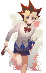 Rule 34 | 1boy, belt collar, black collar, blonde hair, blue bag, blue skirt, blush, brown footwear, buttons, cbow, closed mouth, collar, commentary request, crossdressing, dyed bangs, highres, holding, looking back, male focus, multicolored hair, muto yugi, purple eyes, putting on shoes, shoes, skirt, socks, solo, spiked hair, white socks, yu-gi-oh!