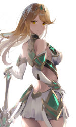 Rule 34 | 1girl, absurdres, aegis sword (xenoblade), backless dress, backless outfit, bare shoulders, blonde hair, breasts, dress, earrings, elbow gloves, gloves, headpiece, highres, jewelry, large breasts, long hair, mythra (xenoblade), sail (sail-away), short dress, solo, swept bangs, tiara, very long hair, white dress, white gloves, xenoblade chronicles (series), xenoblade chronicles 2, yellow eyes