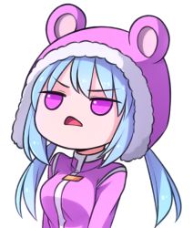 Rule 34 | 1girl, animal hood, blue hair, chibi, coat, d:, fur-trimmed hood, fur trim, fur trimm, hood, jitome, long hair, looking away, low twintails, nixie (rabi ribi), open mouth, pink coat, pink eyes, rabi-ribi, solo, speckticuls, transparent background, triangle mouth, twintails, upper body