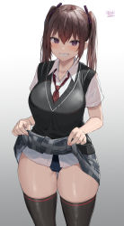 Rule 34 | 1girl, black thighhighs, blush, breasts, brown hair, clothes lift, collared shirt, grey skirt, grin, highres, large breasts, long hair, looking at viewer, oekakizuki, original, plaid, plaid skirt, purple eyes, school swimsuit, shirt, short sleeves, skirt, skirt lift, smile, solo, sweater vest, swimsuit, swimsuit under clothes, thighhighs, thighs, white shirt