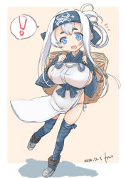 Rule 34 | !, 1girl, ainu clothes, bandana, blue eyes, blue headband, border, box, breasts, crate, cropped jacket, dated, folded ponytail, full body, fundoshi, fyuo, headband, highres, japanese clothes, kamoi (kancolle), kantai collection, leg wrap, looking at viewer, pelvic curtain, pink background, sideboob, sidelocks, signature, solo, spoken exclamation mark, thick eyebrows, thighhighs, two-tone background, white border, white hair, wrist guards