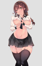 Rule 34 | 1girl, black sailor collar, black skirt, black thighhighs, braid, breasts, brown hair, commentary request, garter straps, green eyes, grey background, highres, kantai collection, knees together feet apart, long sleeves, midriff, noshiro (kancolle), noshiro kai ni (kancolle), pleated skirt, sailor collar, sailor shirt, school uniform, serafuku, shirt, skirt, solo, standing, swept bangs, thigh gap, thighhighs, torn clothes, twin braids, uesuzoukin, underboob, wide hips
