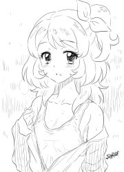Rule 34 | 10s, 1girl, aikatsu!, aikatsu! (series), bow, breasts, eyelashes, greyscale, hair bow, joy ride, long hair, looking at viewer, monochrome, one side up, ozora akari, small breasts, solo, tank top, undressing, wet, wet clothes