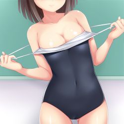 Rule 34 | 1girl, bare arms, bare shoulders, blue one-piece swimsuit, blush, breasts, brown hair, bursting breasts, cleavage, closed mouth, clothes pull, collarbone, commentary request, competition school swimsuit, covered navel, gluteal fold, head out of frame, kitanaga, long hair, maccha, medium breasts, one-piece swimsuit, one-piece swimsuit pull, pulled by self, school swimsuit, school uniform, smile, solo, swimsuit, teasing, ueno-san wa bukiyou, undressing