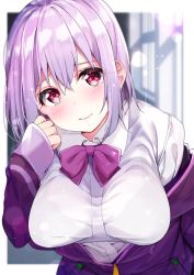 Rule 34 | 10s, 1girl, blurry, blurry background, blush, bow, bowtie, breasts, close-up, closed mouth, collared shirt, commentary request, gridman universe, hair between eyes, hand up, head tilt, heart, highres, jacket, large breasts, leaning forward, lipstick, long sleeves, looking at viewer, makeup, open clothes, open jacket, partially unzipped, pink bow, pink bowtie, pink eyes, pink lips, purple hair, purple jacket, rouka (akatyann), school uniform, shinjou akane, shirt, short hair, sleeves past wrists, smile, solo, ssss.gridman, upper body, wing collar
