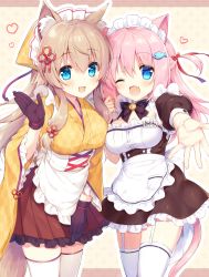 Rule 34 | 2girls, absurdres, animal ear fluff, animal ears, apron, back bow, bell, black gloves, black neckwear, blonde hair, blue eyes, blush, bow, bowtie, breasts, cat ears, cat tail, collar, commentary request, fang, fish hair ornament, fox ears, garter belt, gloves, hair between eyes, hair ornament, hair ribbon, heart, highres, japanese clothes, kimono, long hair, looking at viewer, maid, maid apron, maid headdress, medium breasts, mixed maids, multiple girls, name tag, natsuki marina, neck bell, one eye closed, open mouth, original, outstretched arm, pink hair, ribbon, skin fang, smile, tail, thighhighs, wa maid, zettai ryouiki