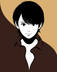 Rule 34 | 1girl, black eyes, black hair, blending, brown theme, collared shirt, flat color, highres, looking at viewer, miyoshi yoshimi, mole, mole under mouth, original, shirt, short hair, solo, two-tone background