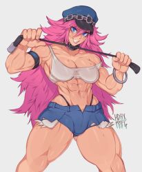 Rule 34 | 1girl, abs, blue eyes, breasts, cutoffs, denim, denim shorts, final fight, grin, highleg, highleg panties, highres, large breasts, long hair, mdblues, muscular, muscular arms, muscular female, panties, pink hair, poison (final fight), riding crop, shorts, simple background, smile, solo, sweat, tank top, thick thighs, thighs, underwear, very long hair, white background, white tank top