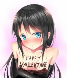Rule 34 | 10s, 1girl, arm warmers, asashio (kancolle), bad id, bad pixiv id, black hair, blue eyes, blush, breasts, chocolate, chocolate on body, chocolate on breasts, collarbone, covered erect nipples, kantai collection, long hair, looking at viewer, nipples, no bra, puririn, small breasts, solo, valentine