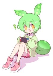 Rule 34 | 1girl, :3, alternate costume, bag, boots, collared shirt, commentary request, green hair, green nails, green sweater, handheld game console, highres, holding, holding handheld game console, long hair, looking to the side, low ponytail, nail polish, nintendo switch, on floor, open mouth, pink footwear, pink skirt, pleated skirt, ponytail, shadow, shirt, shoulder bag, simple background, sitting, skirt, solo, sweater, utsubo (utb), very long hair, voicevox, white background, yellow eyes, zundamon