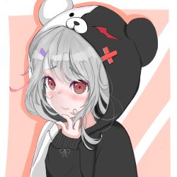 Rule 34 | 1girl, animal ears, blush, brown background, brown eyes, chinese commentary, closed mouth, commentary request, danganronpa (series), fake animal ears, grey hair, hair ornament, hairclip, hands up, highres, hood, hood up, long sleeves, medium hair, monokuma, original, pink ribbon, portrait, ribbon, solo, two-tone hoodie, white background, yuki-ji-chan