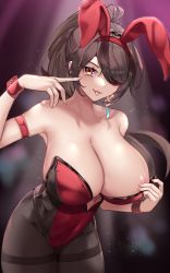 Rule 34 | 1girl, :p, animal ears, areola slip, arm strap, beidou (genshin impact), black pantyhose, blurry, blurry background, breasts, cleavage, cowboy shot, depth of field, earrings, eyepatch, fake animal ears, genshin impact, hair over one eye, hairband, highres, jewelry, large breasts, leaning forward, leotard, leotard pull, long hair, looking at viewer, masaki nanaya, one eye covered, pantyhose, ponytail, pulled by self, rabbit ears, red hairband, single earring, solo, spotlight, thighband pantyhose, tongue, tongue out, very long hair, wrist cuffs, yellow eyes
