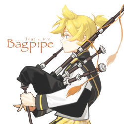 Rule 34 | 1boy, adapted costume, bagpipes, blonde hair, blowing, blue eyes, character name, from side, highres, holding, holding instrument, instrument, kagamine len, kilt, long sleeves, male focus, music, plaid, playing instrument, ponytail, profile, roy (pixiv992911), scotland, shirt, simple background, solo, tassel, upper body, vocaloid, white background, white shirt