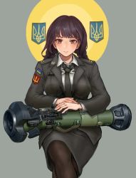 Rule 34 | 1girl, anti-tank guided missile, bad id, bad twitter id, black necktie, black pantyhose, blush, breasts, brown hair, closed mouth, collared shirt, cowboy shot, crossed legs, facing viewer, feet out of frame, formal, grey background, highres, holding rocket launcher, holding weapon, long hair, long sleeves, looking at viewer, loose necktie, man-portable anti-tank systems, military, military uniform, necktie, nlaw, original, pantyhose, patch, propaganda, rocket launcher, russo-ukrainian war, shirt, shoulder patch, simple background, sitting, skirt, smile, solo, st. javelin, ukrainian flag, uniform, wani (perfect han), weapon, white shirt, zionism