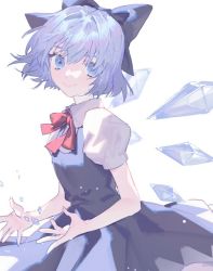 Rule 34 | 1girl, bad id, bad pixiv id, blue bow, blue dress, blue eyes, blue hair, blurry, bow, breasts, cirno, closed mouth, commentary request, cowboy shot, depth of field, dress, eyebrows hidden by hair, hair bow, ice, ice crystal, ice wings, looking at viewer, naomasap, puffy short sleeves, puffy sleeves, red bow, red neckwear, short hair, short sleeves, simple background, small breasts, smile, solo, touhou, white background, wings