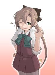 Rule 34 | 1girl, ;d, akigumo (kancolle), bow, bowtie, brown hair, dova, dress, gradient background, green eyes, hair ribbon, highres, kantai collection, long hair, looking at viewer, mole, mole under eye, one eye closed, open mouth, pantyhose, pleated dress, ponytail, purple dress, ribbon, school uniform, simple background, smile, solo, white background
