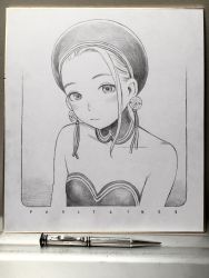 Rule 34 | 1girl, art tools in frame, bare shoulders, border, breasts, choker, closed mouth, collar, collarbone, earrings, english text, expressionless, graphite (medium), greyscale, hat, highres, jewelry, looking at viewer, mechanical pencil, monochrome, murata range, original, pencil, photo (medium), shikishi, short hair, small breasts, solo, strapless, traditional media, upper body
